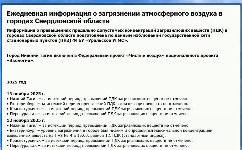 В Екатеринбурге вредные вещества в воздухе превысили ПДК